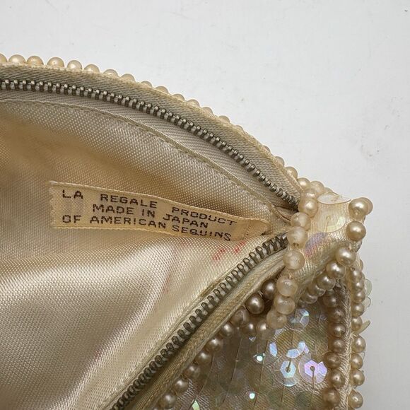 VINTAGE LA Regale Ivory Gold Sequin Beaded Evening Bag Purse Swirl Beaded Strap - Picture 6 of 7